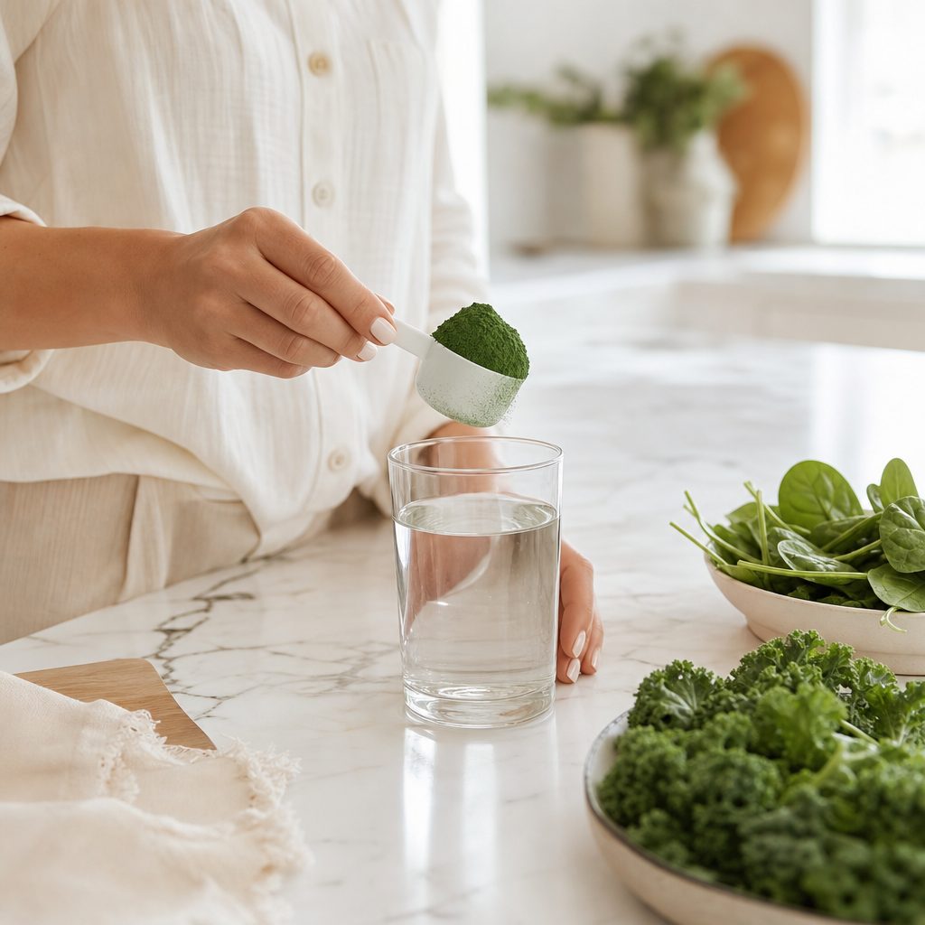 Scooping green powder into a glass of water in a bright kitchen