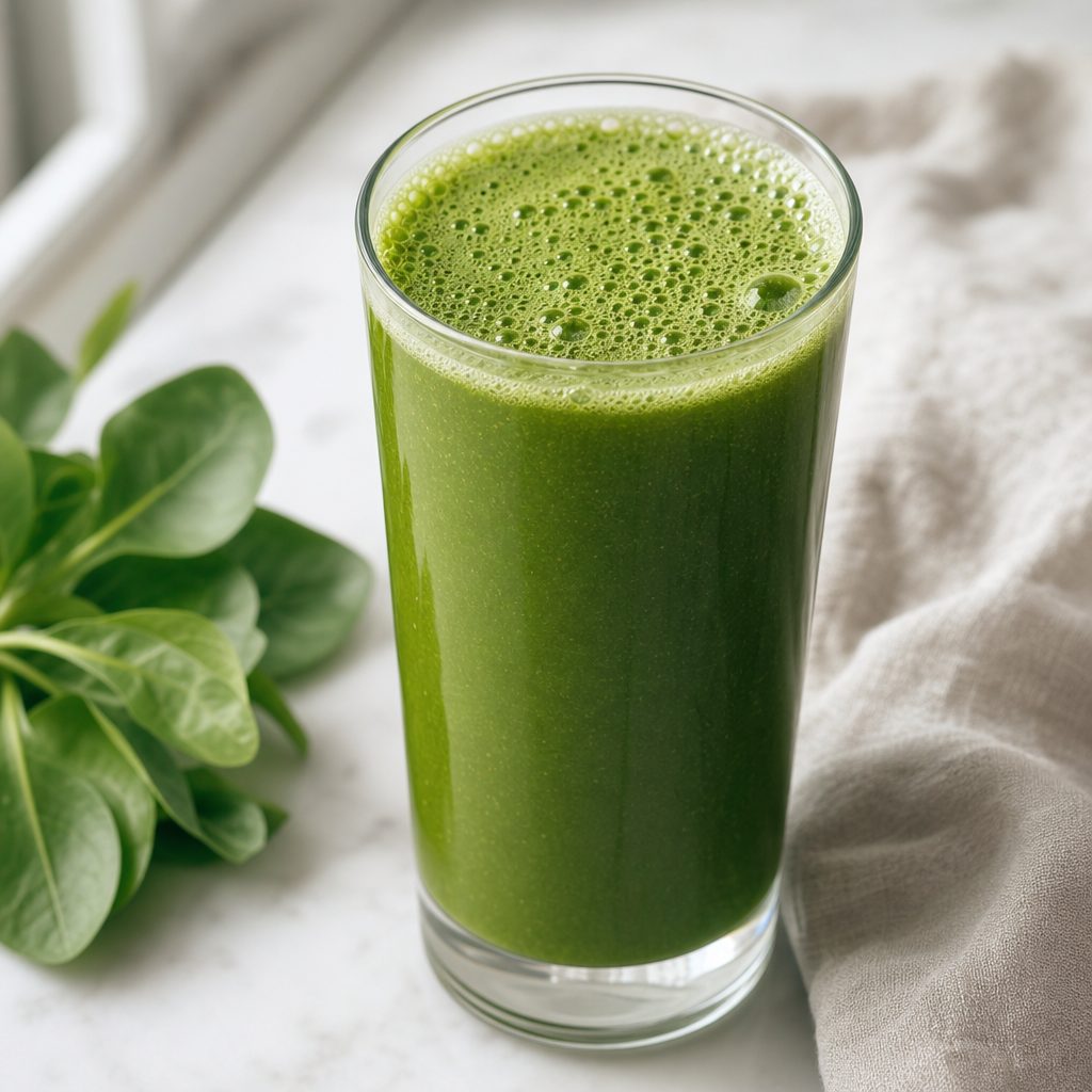 Freshly mixed green drink in a clear glass