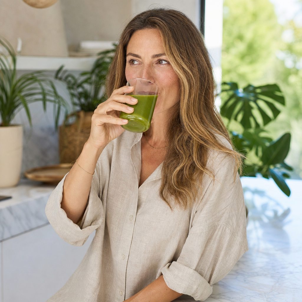 Woman smiling while drinking a green drink in her kitchen