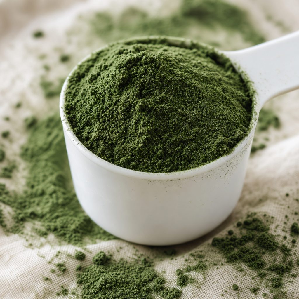 Macro shot of fermented green powder heaped on a measuring scoop
