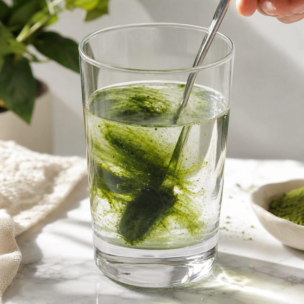 Fermented green powder dissolving into a glass of water
